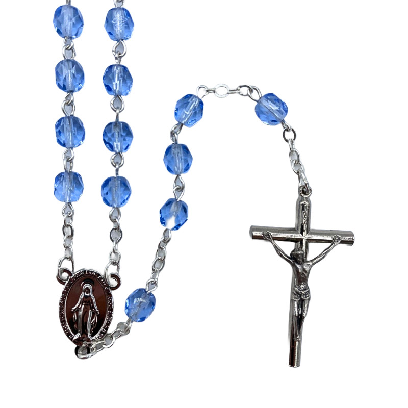 Chapelet en Verre Facetté Bleu avec Chaîne Argentée