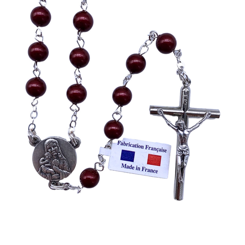 Chapelet en Fil Argenté et Perles Bordeaux Swarovski