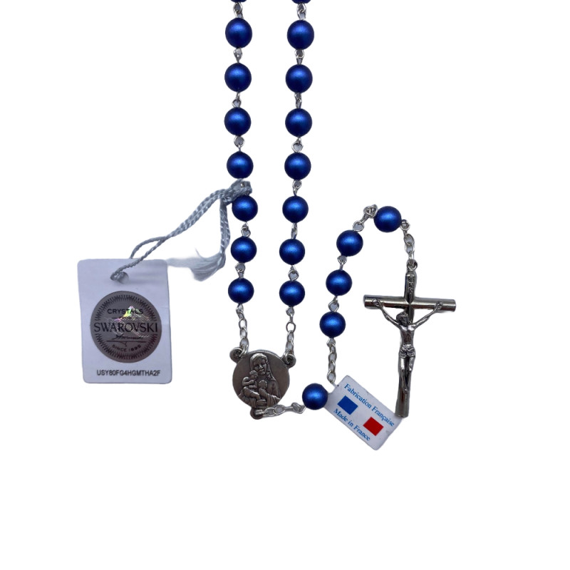 Chapelet en Fil Argenté avec Perles Bleu Foncé Swarovski