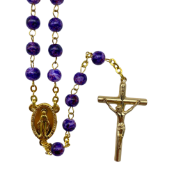 Chapelet en verre violet en chaine dorée | Comptoir Religieux