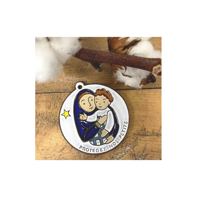 Médaillon de naissance "protégeons nos enfants" en céramique blanc