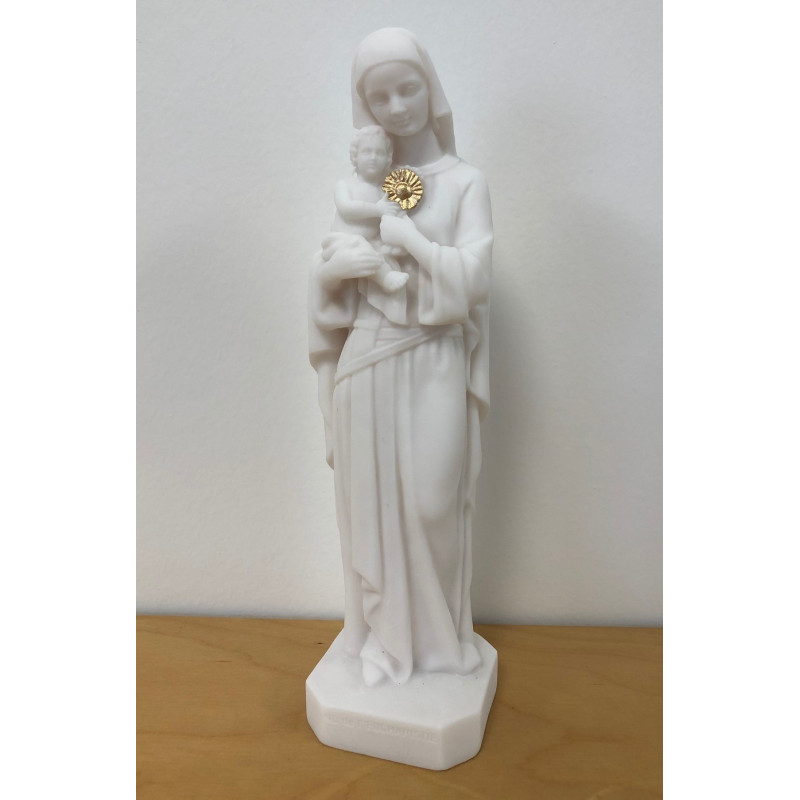 Statue Notre Dame de l'Eucharistie en albâtre avec dorure - 17cm