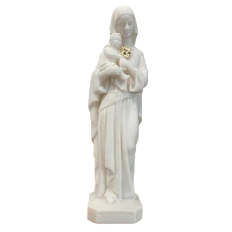 Statue Notre Dame de l'Eucharistie en albâtre avec dorure