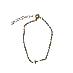 Petit Bracelet avec perles multicolores et petite croix - doré