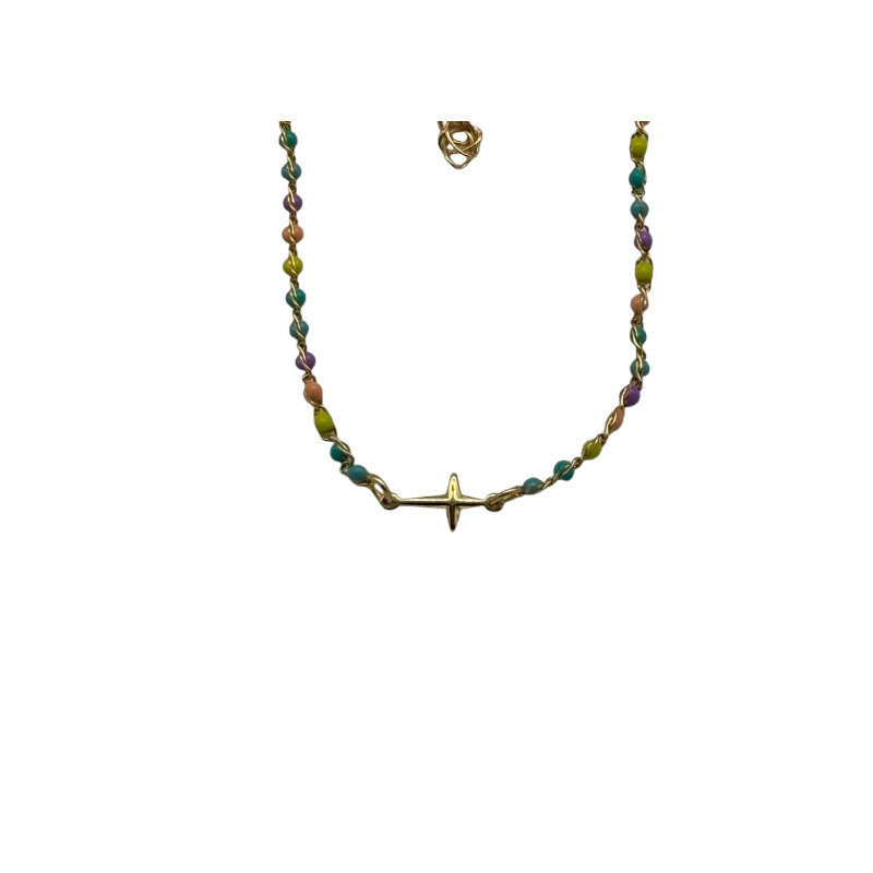 Petit Bracelet avec perles multicolores et petite croix - doré