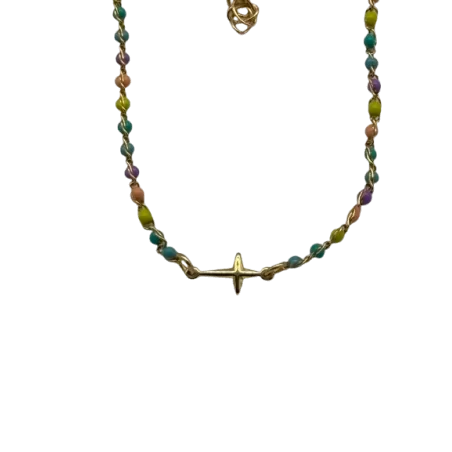 Petit Bracelet avec perles multicolores et petite croix - doré