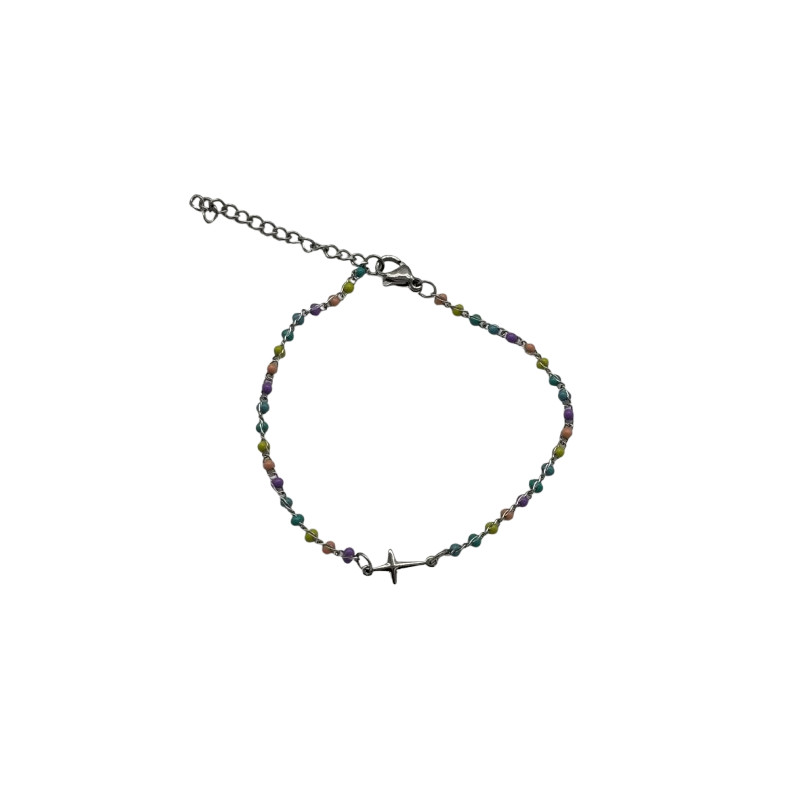 Petit Bracelet avec perles multicolores et petite croix - Argent
