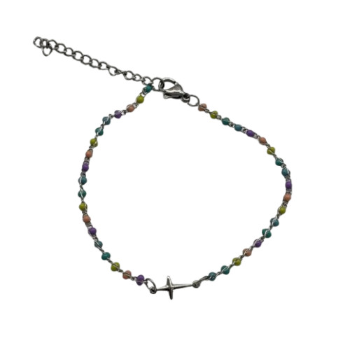 Petit Bracelet avec perles multicolores et petite croix - Argent