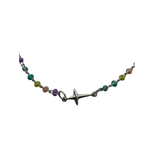 Petit Bracelet avec perles multicolores et petite croix - Argent