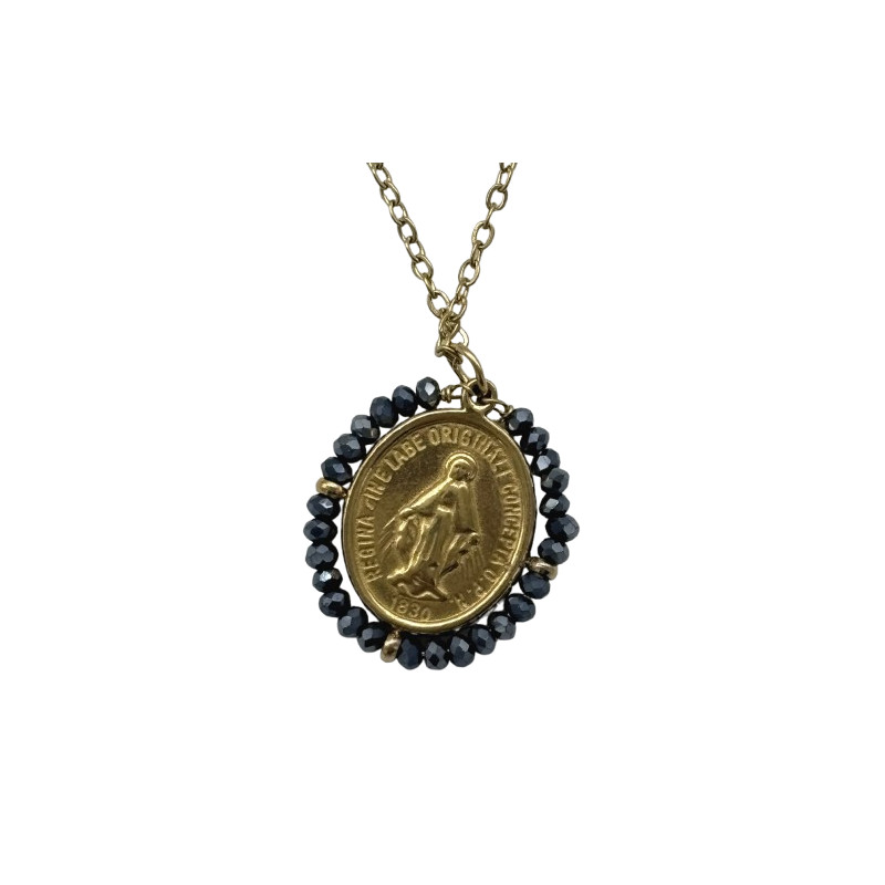 Collier avec Médaille Miraculeuse et Perles gris Anthracite