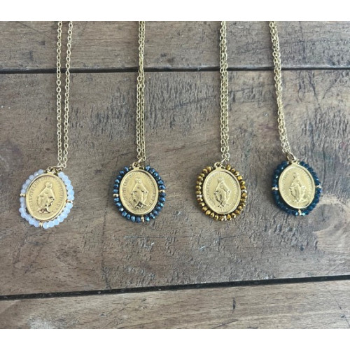 Collier avec Médaille Miraculeuse et Perles gris Anthracite