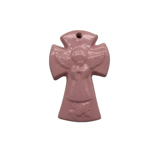 Croix Céramique en faïence Ange Rose