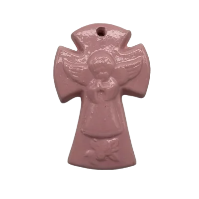 Croix Céramique en faïence Ange Rose
