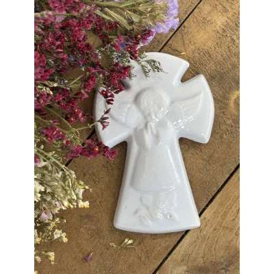 Croix Céramique en faïence Ange Bleu