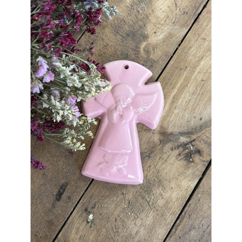 Croix Céramique en faïence Ange Rose