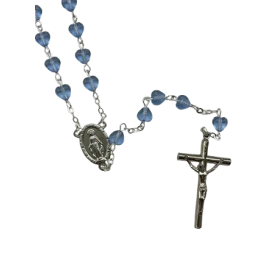 Chapelet perle cœur en verre Bleu de plus près