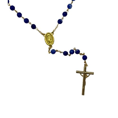 Chapelet doré avec perles en verre recyclé - Bleu