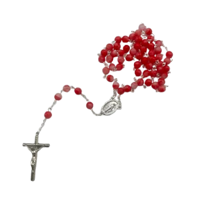 Chapelet Argenté avec perles en verre recyclé - Rouge