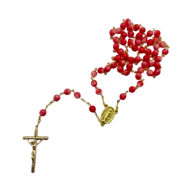 Chapelet doré avec perles en verre recyclé - Rouge