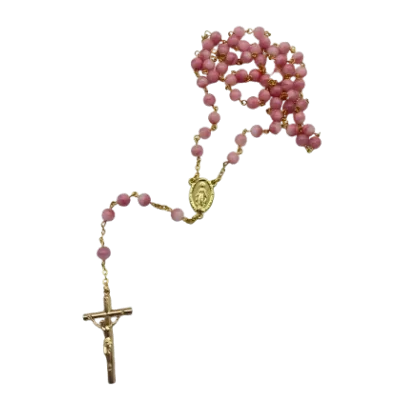 Chapelet doré avec perles en verre recyclé - Rose