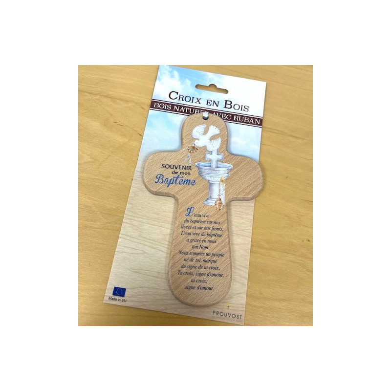 Croix bois "Souvenir de mon Baptême" - emballée