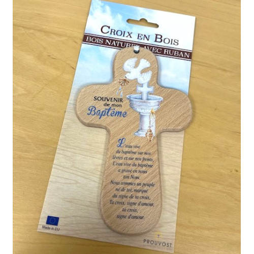 Croix bois "Souvenir de mon Baptême" - emballée