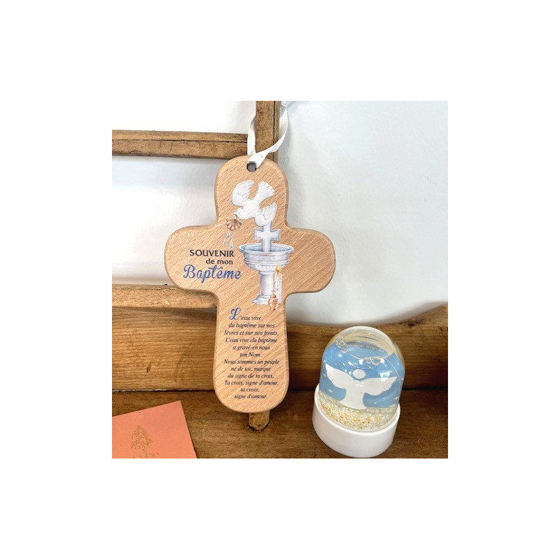 Croix bois "Souvenir de mon Baptême"