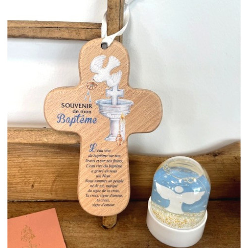 Croix bois "Souvenir de mon Baptême"