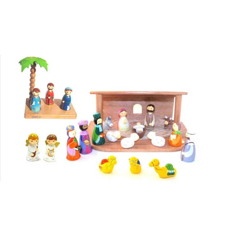 Creche de Noël en bois peint - 5 santons en bois tourné | Comptoir ...