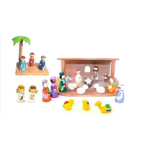 Creche de Noël en bois peint - 5 santons en bois tourné | Comptoir ...