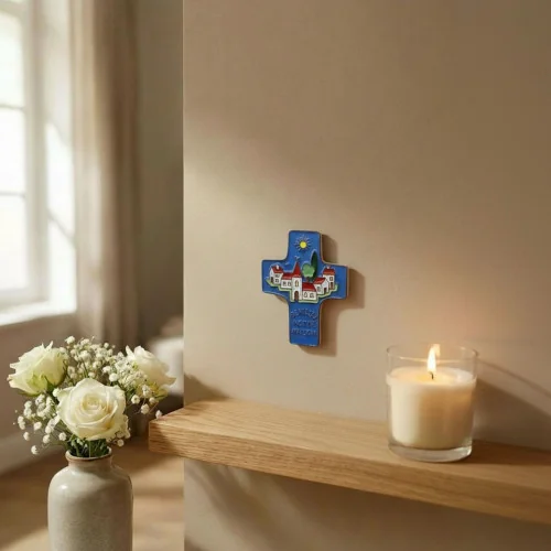 Croix céramique \"Bénissez Notre Maison\" bleu foncé | Comptoir Rel...