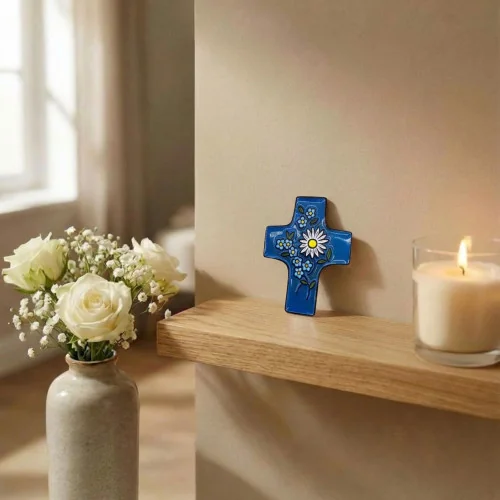 Croix Céramique Florale bleu foncé | Comptoir Religieux