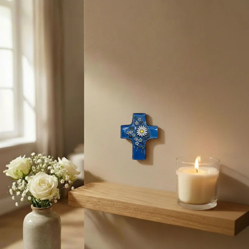 Croix Céramique Florale bleu foncé | Comptoir Religieux