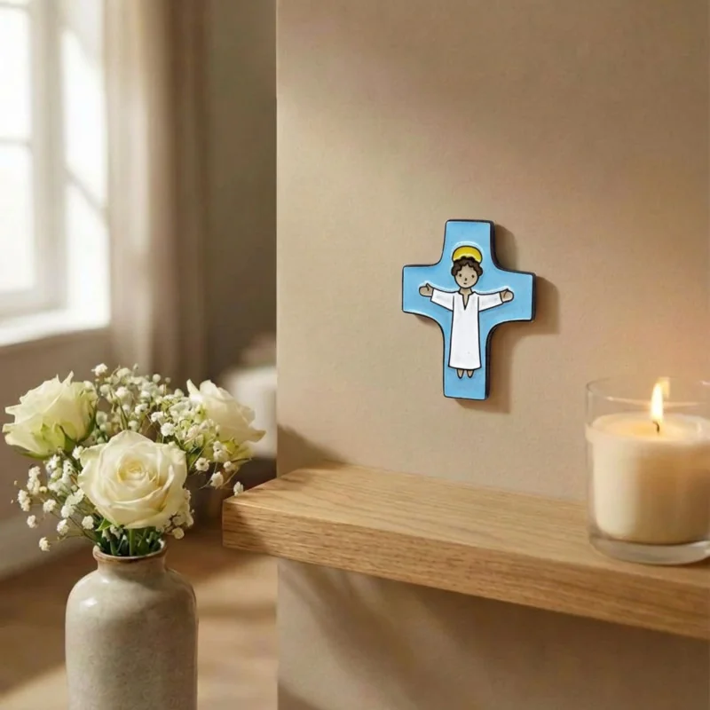 Croix Céramique "Christ Bras Ouverts" - Couleur Bleu Ciel | Comptoir Religieux