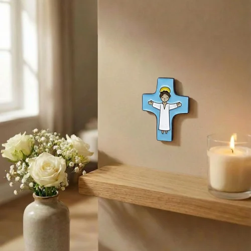 Croix Céramique "Christ Bras Ouverts" - Couleur Bleu Ciel | Comptoir Religieux