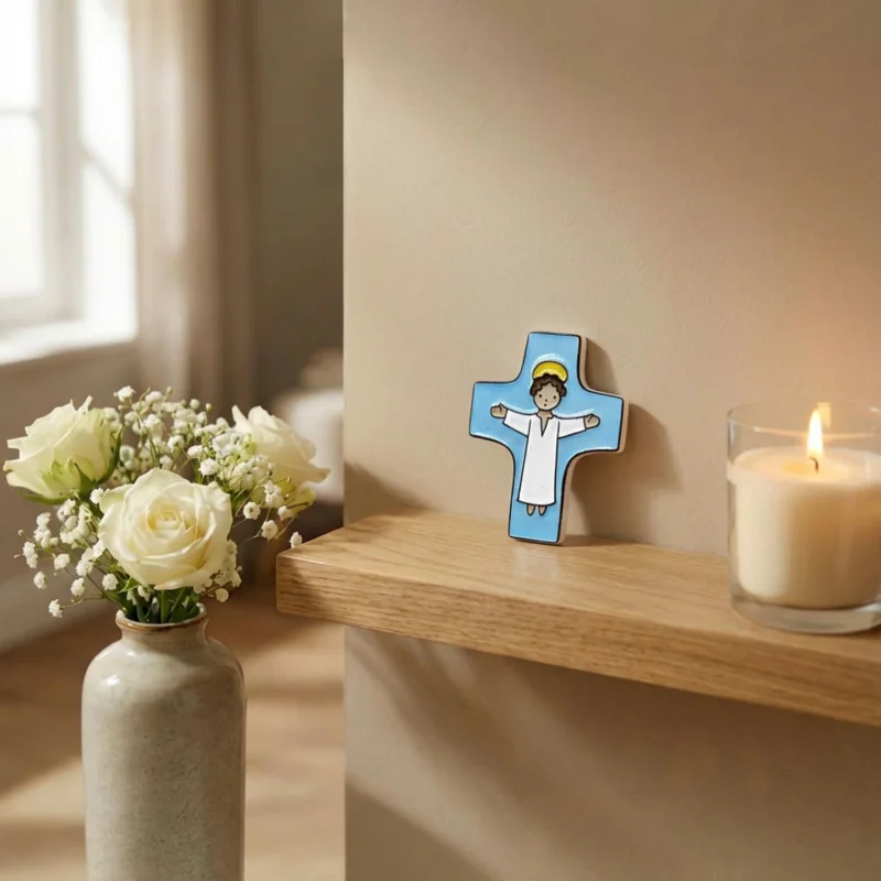 Croix Céramique "Christ Bras Ouverts" - Couleur Bleu Ciel | Comptoir Religieux