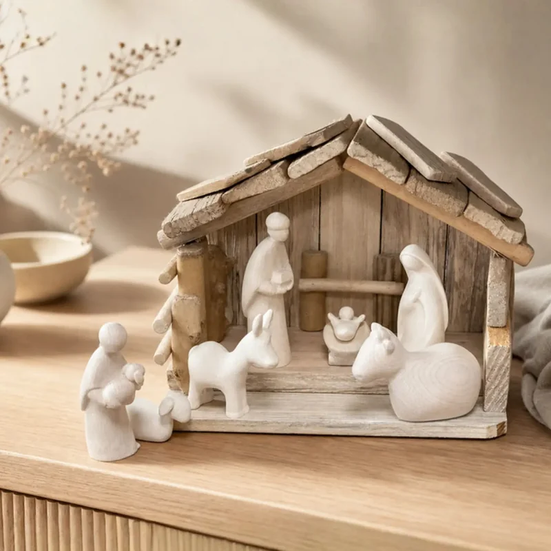 Crèche de Noël en bois naturel - Nativité + Berger et animaux | Com...