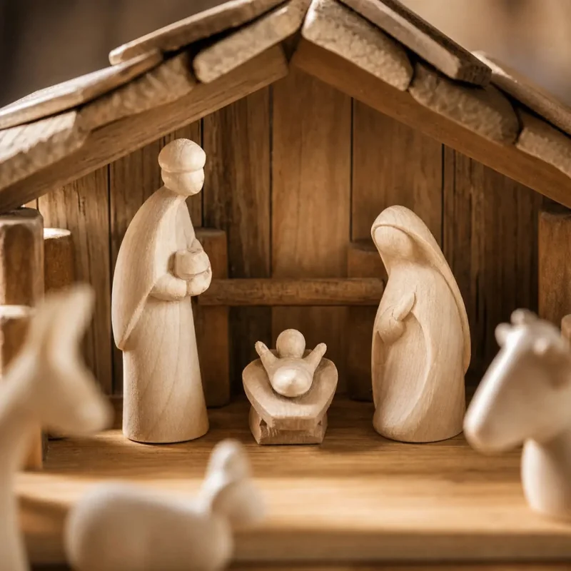Crèche de Noël en bois naturel - Nativité + Berger et animaux | Com...