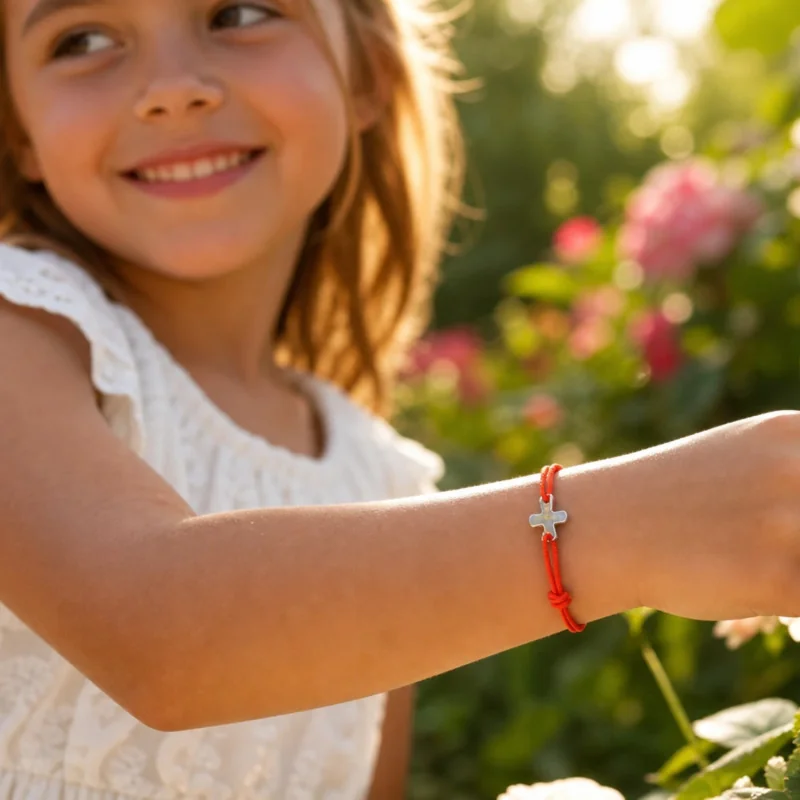 Bracelet élastique orange fluo avec croix | Comptoir Religieux