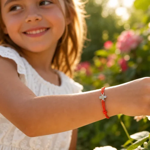Bracelet élastique orange fluo avec croix | Comptoir Religieux
