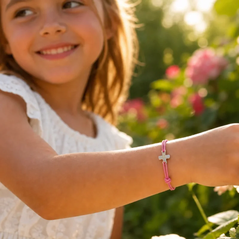 Bracelet croix pour enfant - élastique rose | Comptoir Religieux