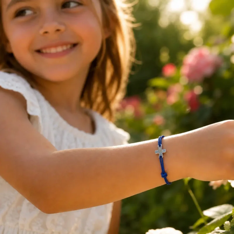 Bracelet élastique bleu marine avec croix | Comptoir Religieux