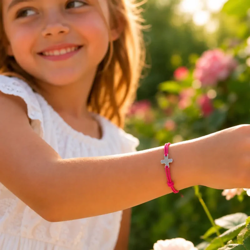 Bracelet élastique rose framboise avec croix | Comptoir Religieux