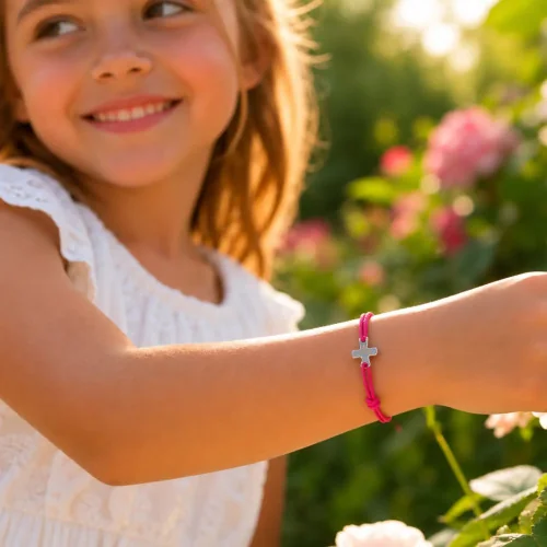 Bracelet élastique rose framboise avec croix | Comptoir Religieux