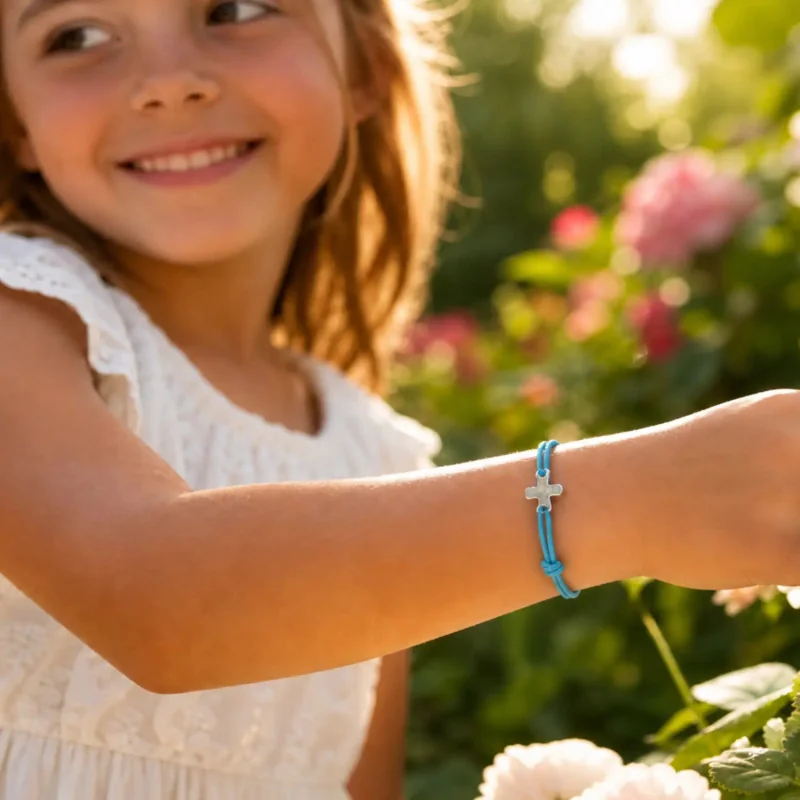 Bracelet élastique bleu ciel avec croix | Comptoir Religieux