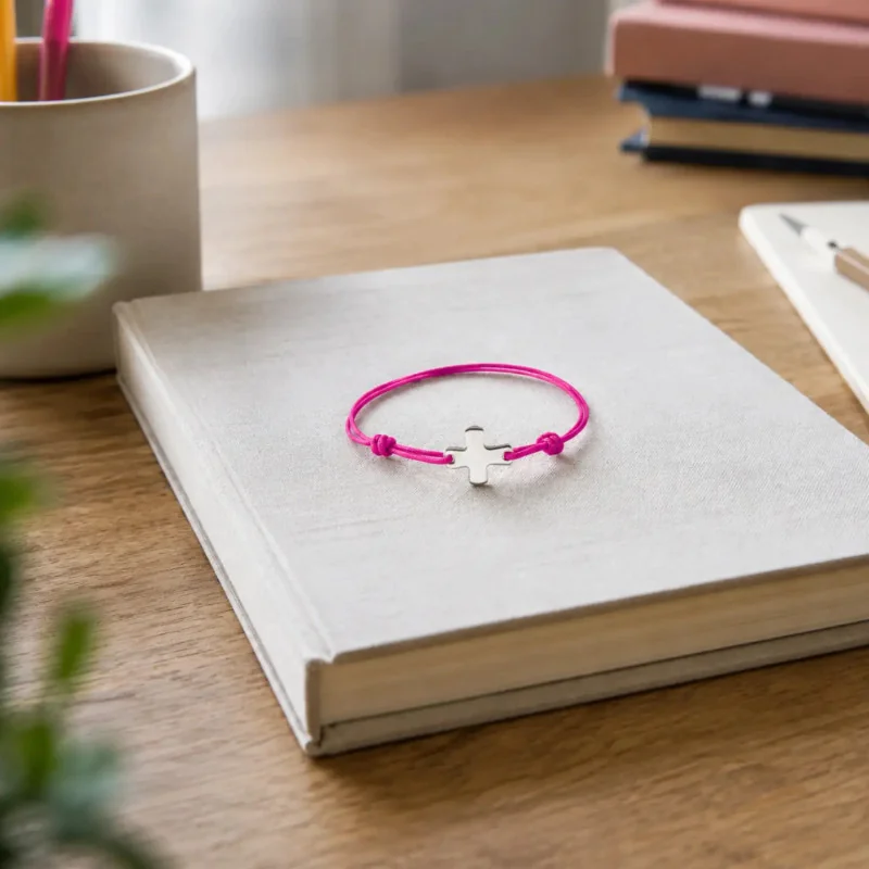 Bracelet élastique rose fluo avec croix | Comptoir Religieux