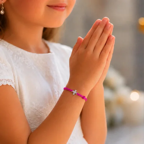 Bracelet élastique rose fluo avec croix | Comptoir Religieux