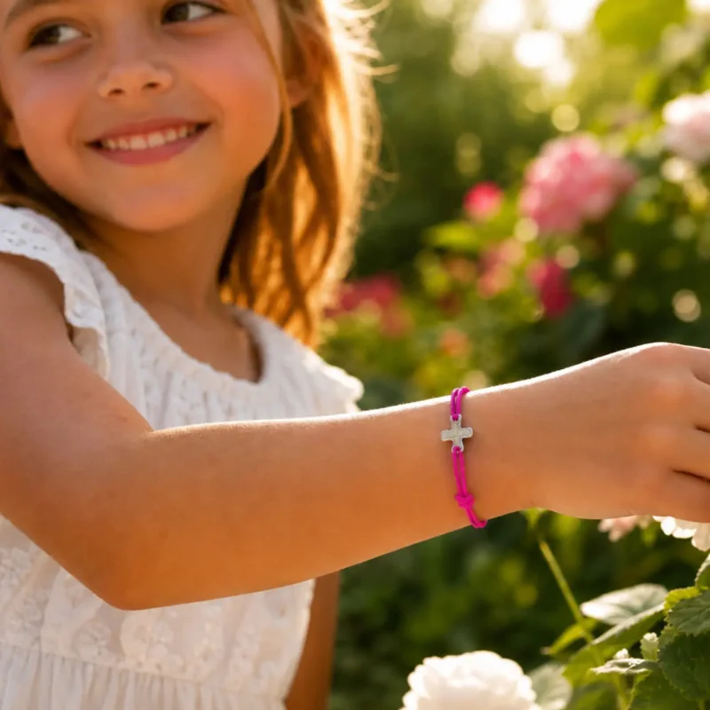 Bracelet élastique rose fluo avec croix | Comptoir Religieux