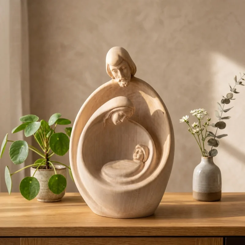 Statue moderne Sainte Famille en bois naturel 36cm | Comptoir Relig...
