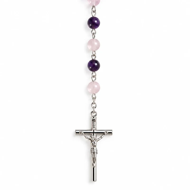 Chapelet en verre violet en chaine argentée | Comptoir Religieux
